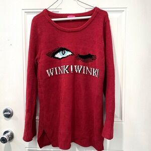 Betsy Johnson Womens L Wine "Wink! Wink!" Eyes Sweater Long sleeve whimsy Rare